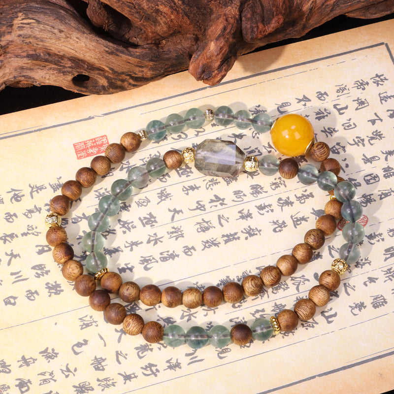 AGARWOOD FLUORITE SECOND GENERATION BEESWAX FREE-FORM CRYSTAL BRACELET-1