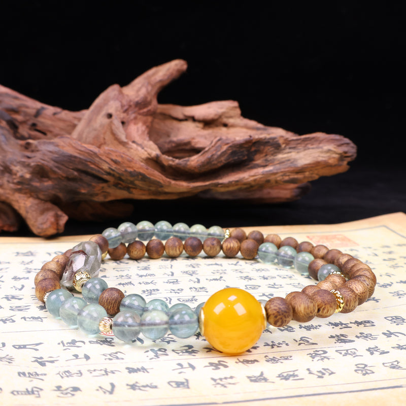 AGARWOOD FLUORITE SECOND GENERATION BEESWAX FREE-FORM CRYSTAL BRACELET-2