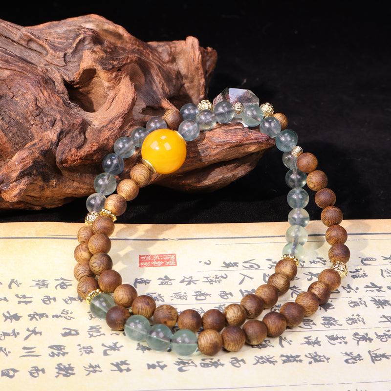 AGARWOOD FLUORITE SECOND GENERATION BEESWAX FREE-FORM CRYSTAL BRACELET-3