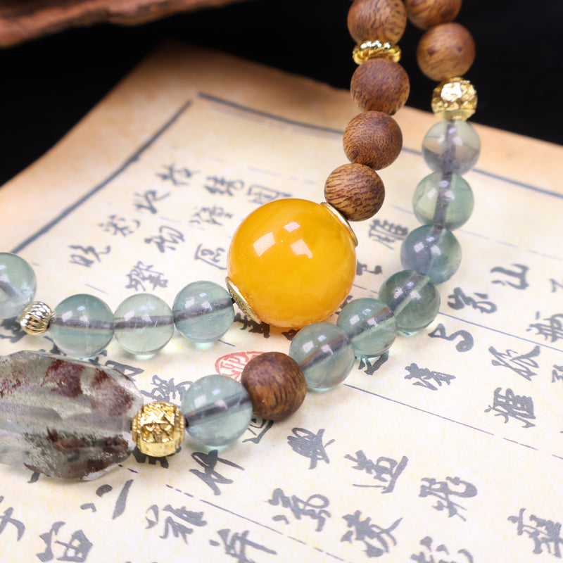 AGARWOOD FLUORITE SECOND GENERATION BEESWAX FREE-FORM CRYSTAL BRACELET-4