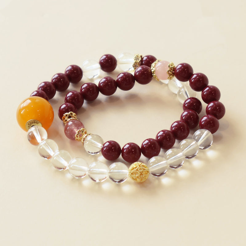 FORTUNE GRACE BRACELET – CINNABAR WHITE CRYSTAL ROSE QUARTZ STRAWBERRY QUARTZ-2
