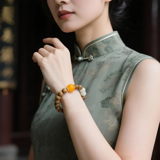 QINAN AGARWOOD MOONSTONE RED AGATE BRACELET-3
