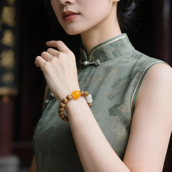 QINAN AGARWOOD MOONSTONE RED AGATE BRACELET-3