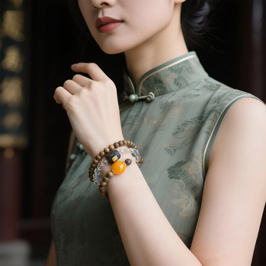 QINAN AGARWOOD WHITE CRYSTAL THREE-CIRCLE BRACELET-3