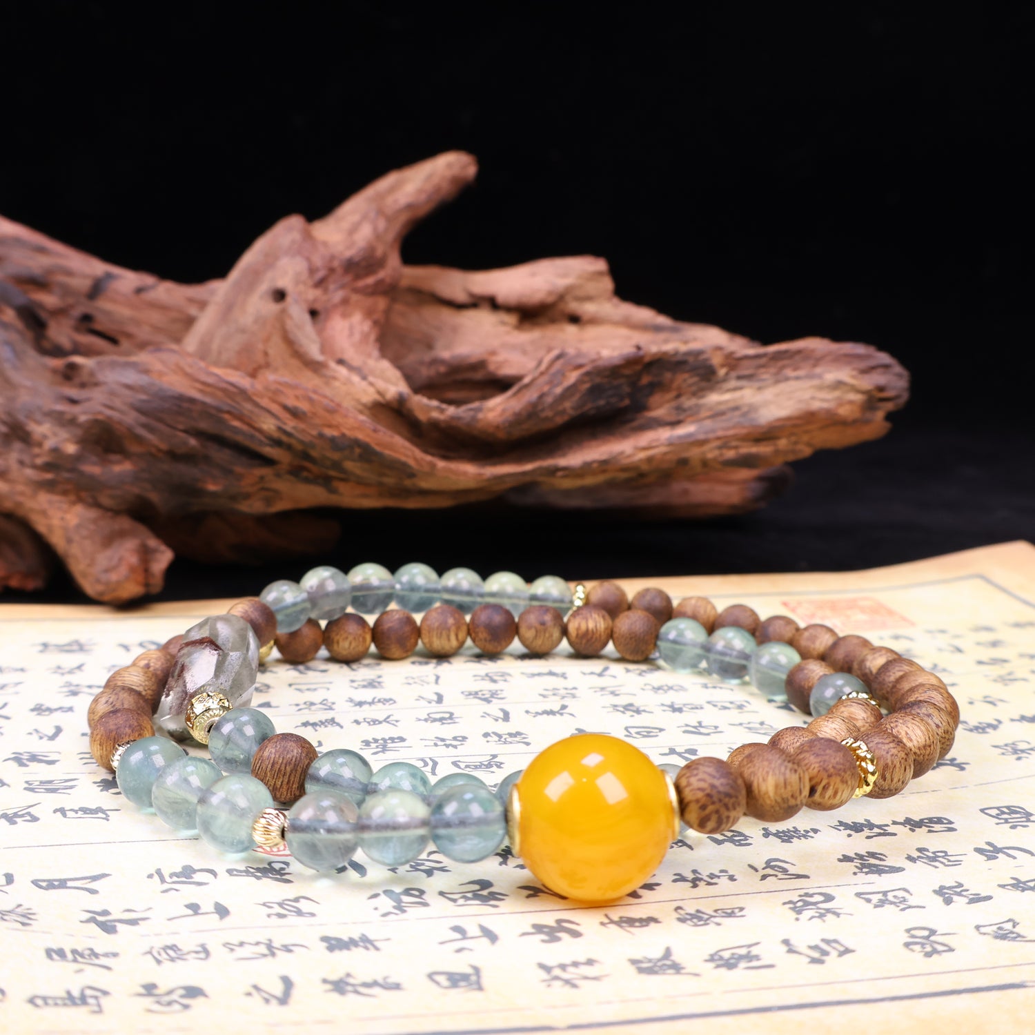 AGARWOOD FLUORITE SECOND GENERATION BEESWAX FREE-FORM CRYSTAL BRACELET-2