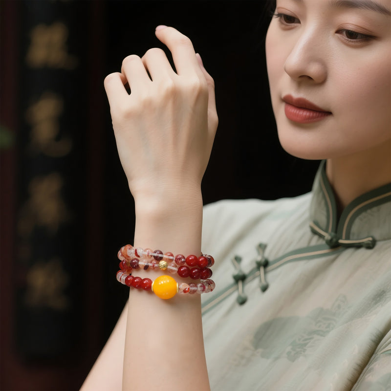 FUMAN CRYSTAL THREE-CIRCLE BRACELET - RED HEMATOID QUARTZ RED AGATE YELLOW HEMATOID QUARTZ-2
