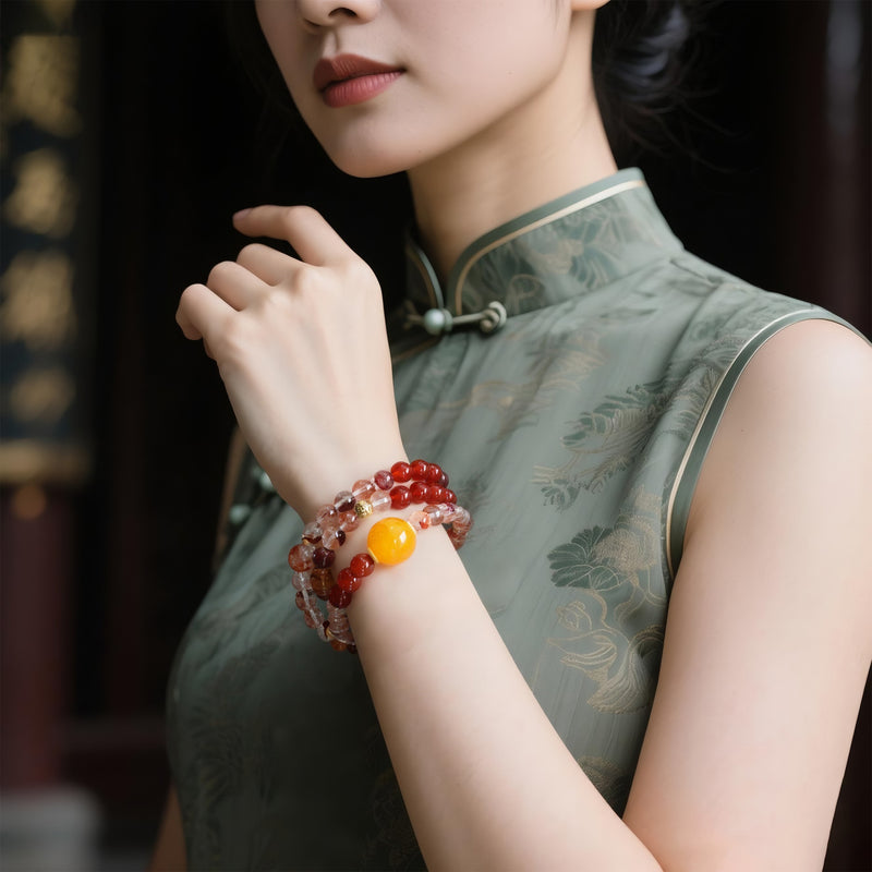 FUMAN CRYSTAL THREE-CIRCLE BRACELET - RED HEMATOID QUARTZ RED AGATE YELLOW HEMATOID QUARTZ-3