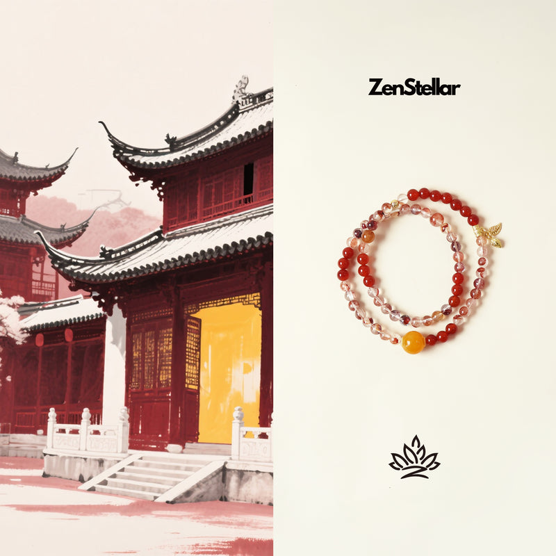 FUMAN CRYSTAL THREE-CIRCLE BRACELET - RED HEMATOID QUARTZ RED AGATE YELLOW HEMATOID QUARTZ-8