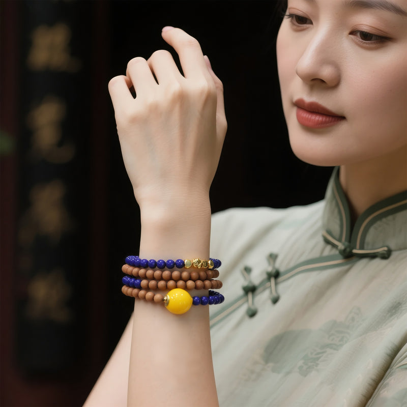 OLD MOUNTAIN SANDALWOOD LAPIS LAZULI RED AGATE MULTIPLE LAPS BRACELET-2