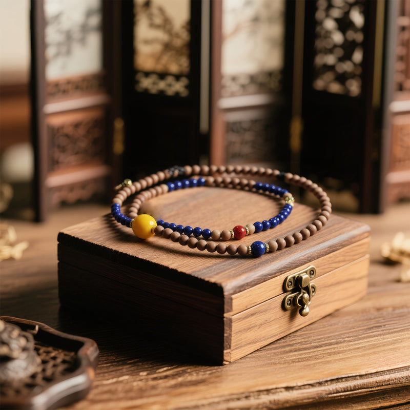 OLD MOUNTAIN SANDALWOOD LAPIS LAZULI RED AGATE MULTIPLE LAPS BRACELET-4