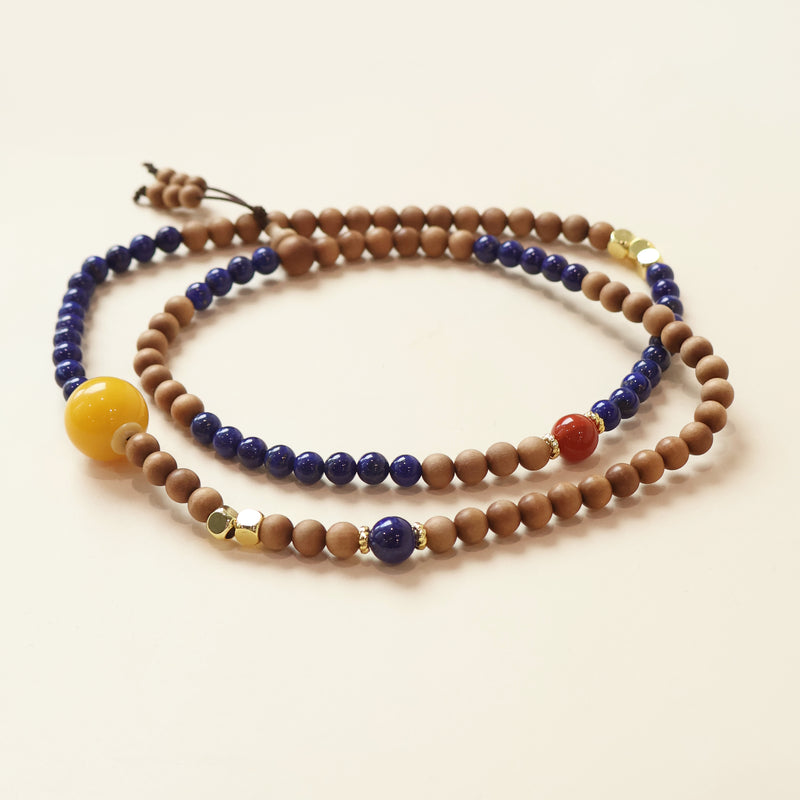 OLD MOUNTAIN SANDALWOOD LAPIS LAZULI RED AGATE MULTIPLE LAPS BRACELET-6