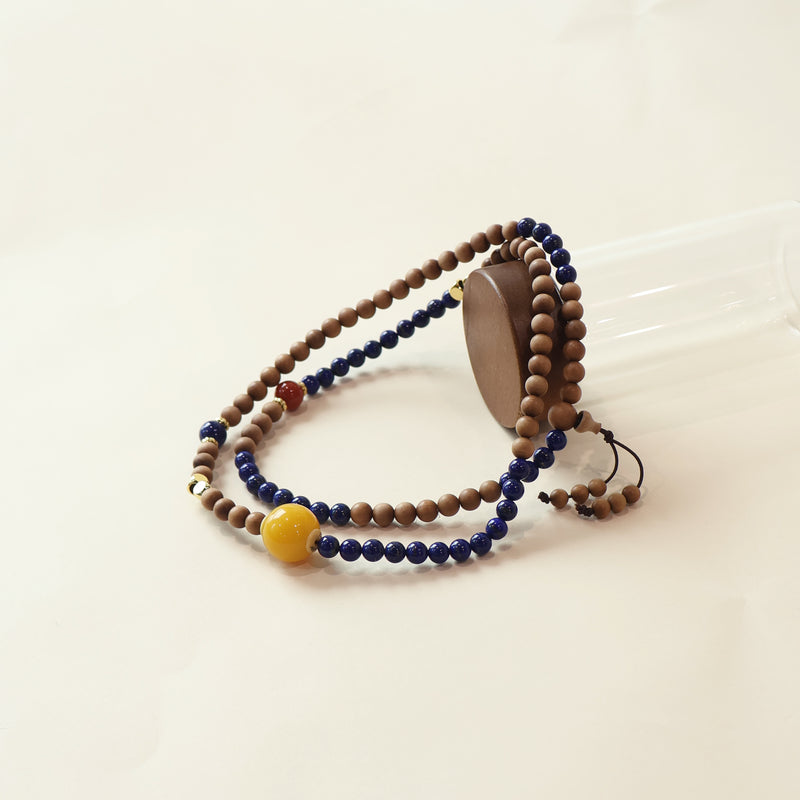 OLD MOUNTAIN SANDALWOOD LAPIS LAZULI RED AGATE MULTIPLE LAPS BRACELET-7