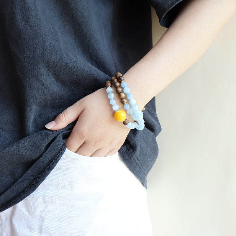 QINAN AGARWOOD AQUAMARINE THREE-CIRCLE BRACELET-3