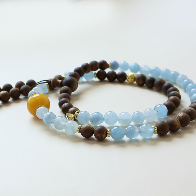 QINAN AGARWOOD AQUAMARINE THREE-CIRCLE BRACELET-5