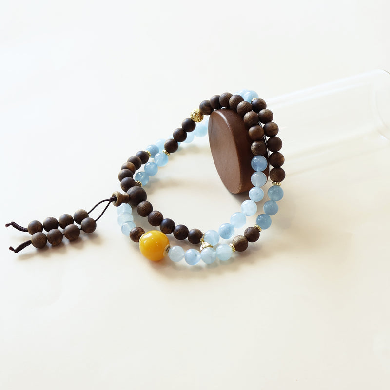 QINAN AGARWOOD AQUAMARINE THREE-CIRCLE BRACELET-7
