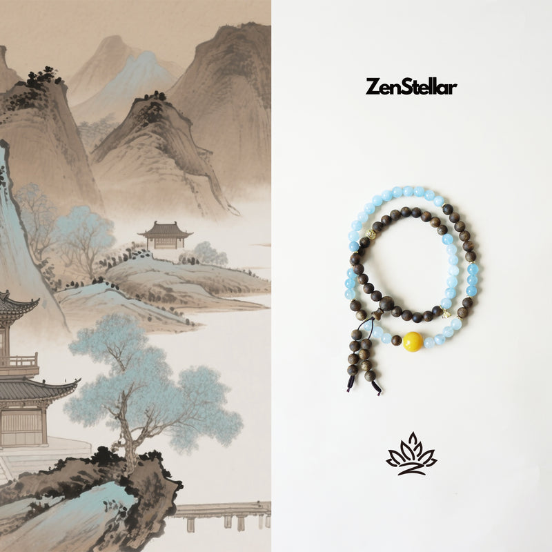 QINAN AGARWOOD AQUAMARINE THREE-CIRCLE BRACELET-8