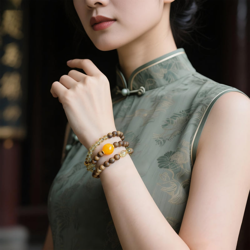 QINAN AGARWOOD FACETED CITRINE THREE-CIRCLE BRACELET-3