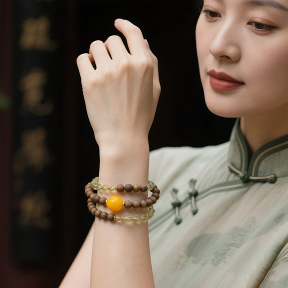 QINAN AGARWOOD FACETED CITRINE THREE-CIRCLE BRACELET-4