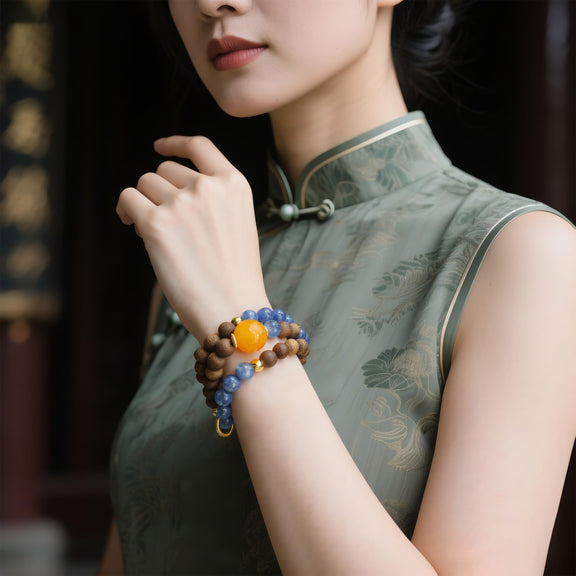 QINAN AGARWOOD KYANITE THREE-CIRCLE BRACELET-3