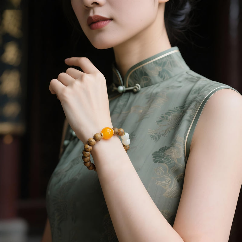 QINAN AGARWOOD MOONSTONE RED AGATE BRACELET-3