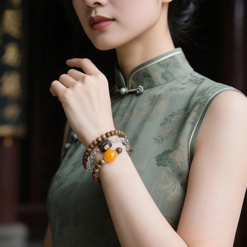 QINAN AGARWOOD WHITE CRYSTAL THREE-CIRCLE BRACELET-3