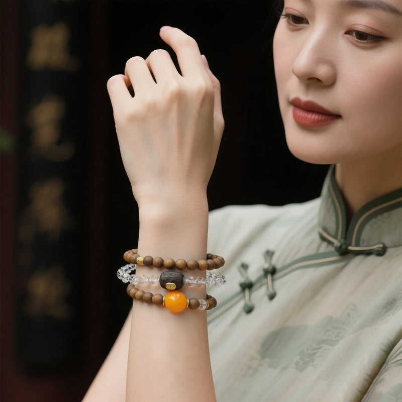 QINAN AGARWOOD WHITE CRYSTAL THREE-CIRCLE BRACELET-4