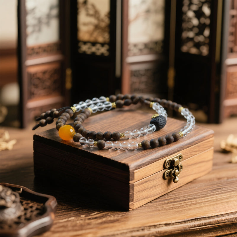 QINAN AGARWOOD WHITE CRYSTAL THREE-CIRCLE BRACELET-5